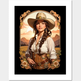 Farm Cowgirl at sunset in boho tribal retro vintage design Posters and Art